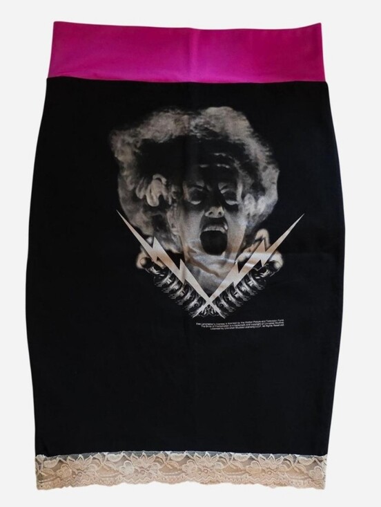 Dresses & Skirts - VINTAGE Bride of Frankenstein Midi Skirt w/Cream Lace Trim & Pink Waistband